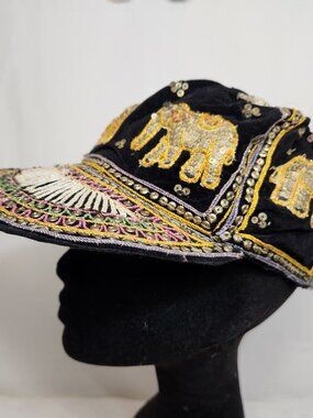 Vintage Kalagan Elephants Embroidered Sequined Hat Velvet 24.25"